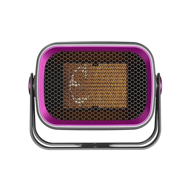 Compact white desktop ceramic heater with control buttons and rotatable base.