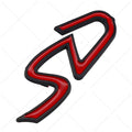 SD and D pattern metal car bumper stickers in red, silver, and black colour combinations