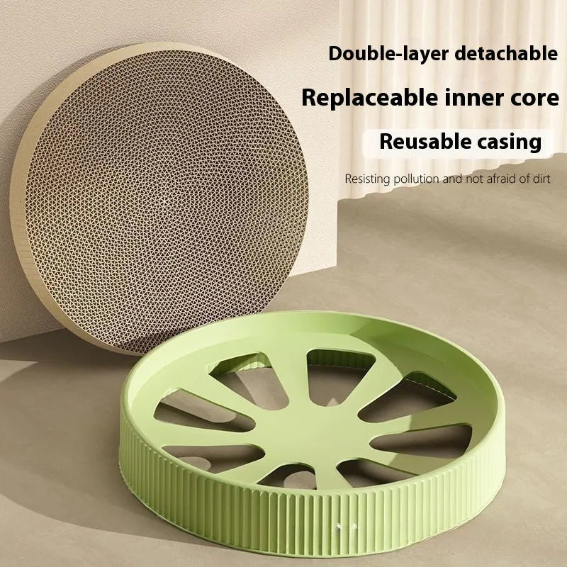 Green round cat scratching board with corrugated cardboard surface measuring 55cm diameter