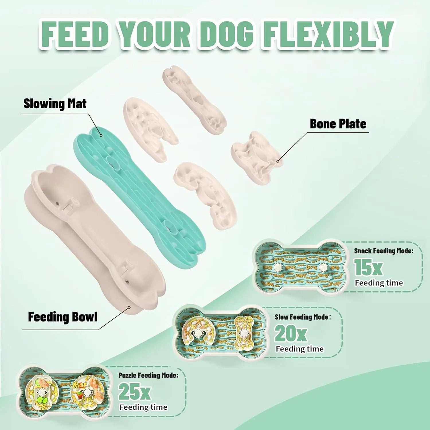Large green three-tier slow feeder dog bowl with puzzle patterns and suction cup base