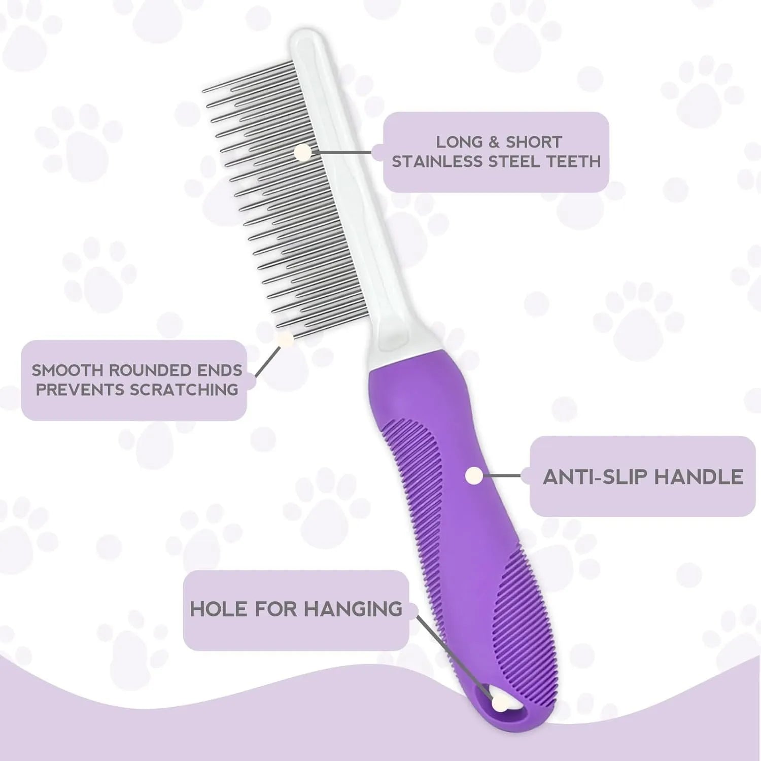 Purple pet detangling comb with stainless steel teeth shown on a dark background