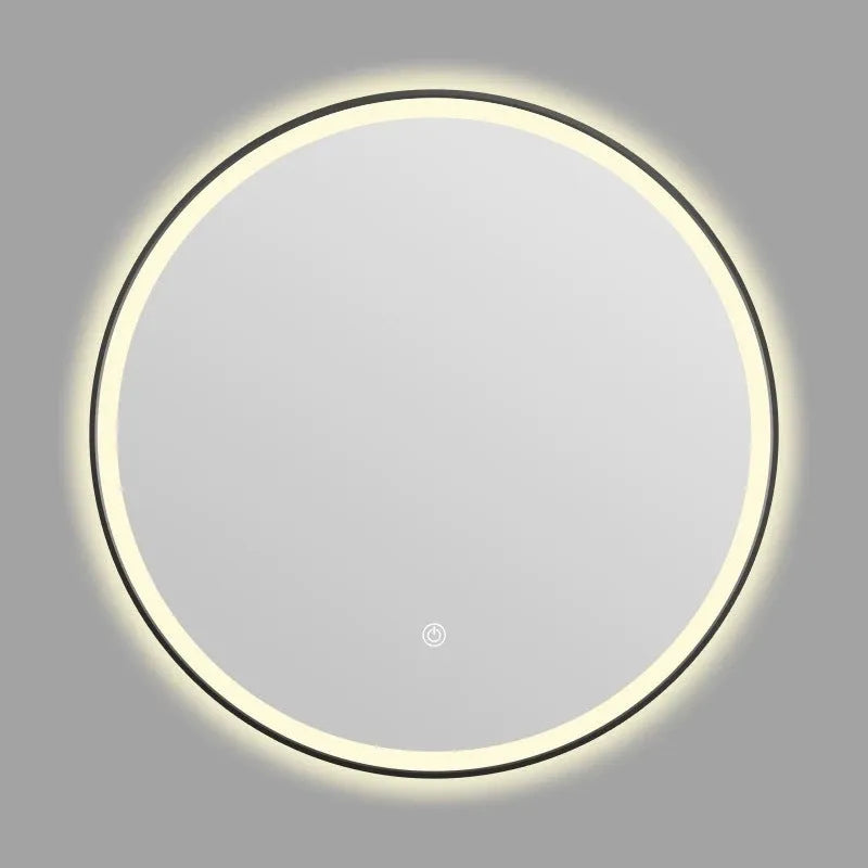 Round black framed wall-mounted LED smart bathroom mirror showing touch control and three light colours.