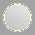 Round black framed wall-mounted LED smart bathroom mirror showing touch control and three light colours.