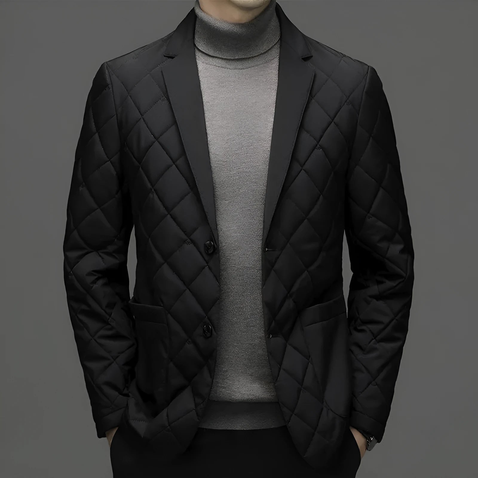 Men's solid colour lapel collar winter down jacket shown in cardigan style.