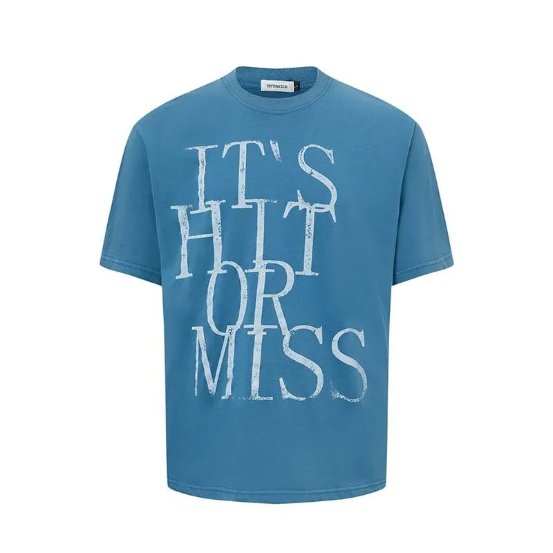 Men's American retro style T-shirt with printed letters in blue colour