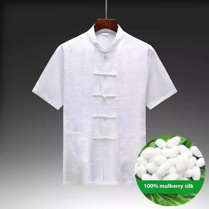Mulberry silk Chinese style Tang suit for men in light green, navy blue or white