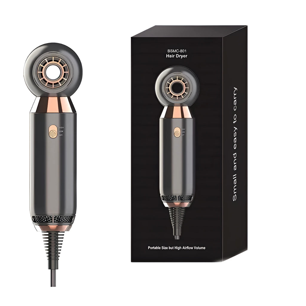Compact white hair dryer with concentrator attachment showing 800W power rating and ionic technology