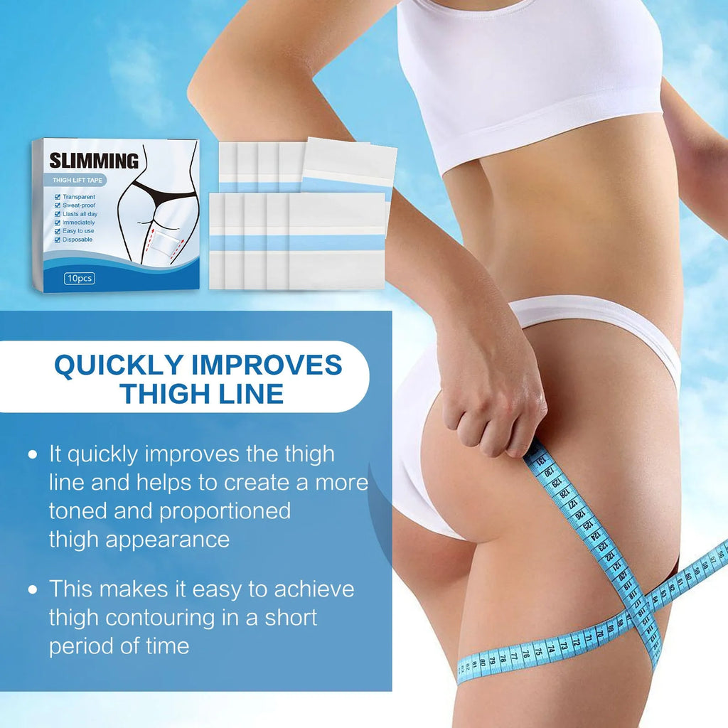 Box of 10 white body slimming adhesive patches for stomach tightening on a blue background.