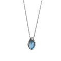 Navy blue geometric water drop necklace on adjustable cross chain, platinum-colour finish
