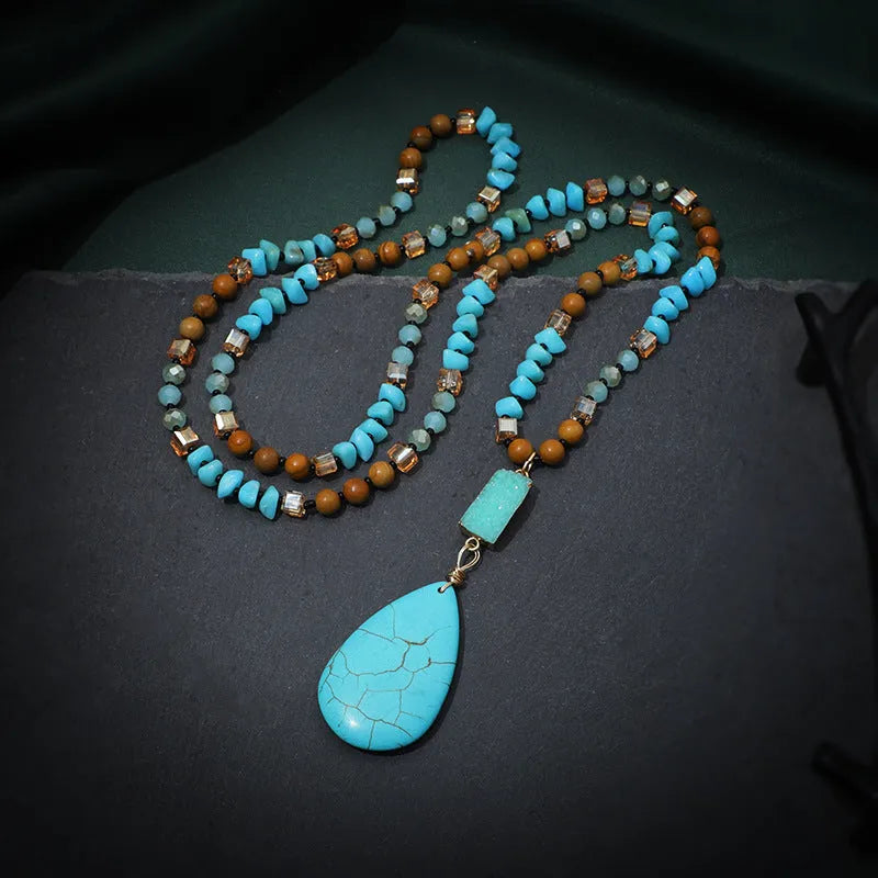Turquoise blue water drop pendant necklace with heart shape design on mixed material ball bead chain