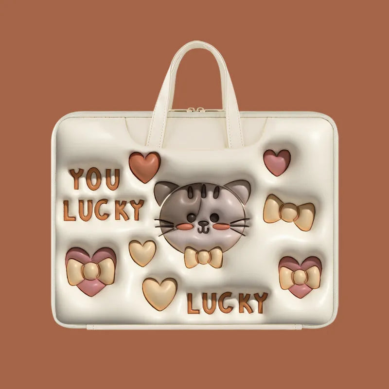 Inflatable laptop bag in a cute panda design with a strap for attaching to a suitcase handle.
