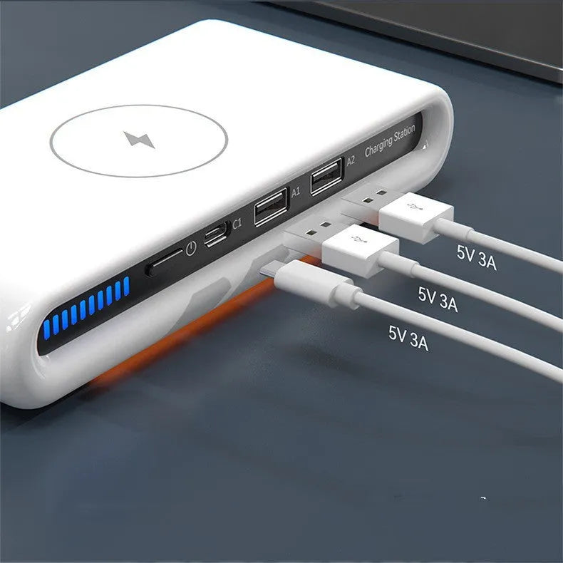 White desktop wireless charging pad with built-in 8-colour LED atmosphere lamp and included fast-charging cable.