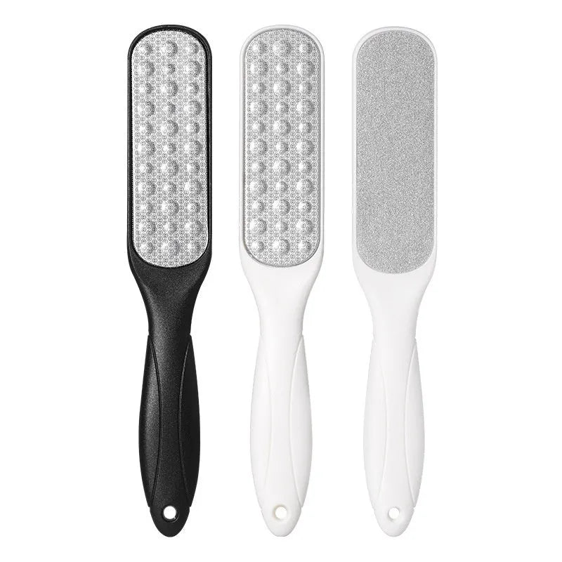 Stainless steel double-sided foot grinder for hard skin removal in black and white colour options