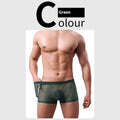 Men's low waist mesh boxer briefs in thin sheer polyester fabric on a colour swatch background.