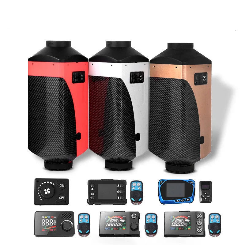 Red and black diesel air heater unit with fuel tank, exhaust pipe and installation components for vehicles.