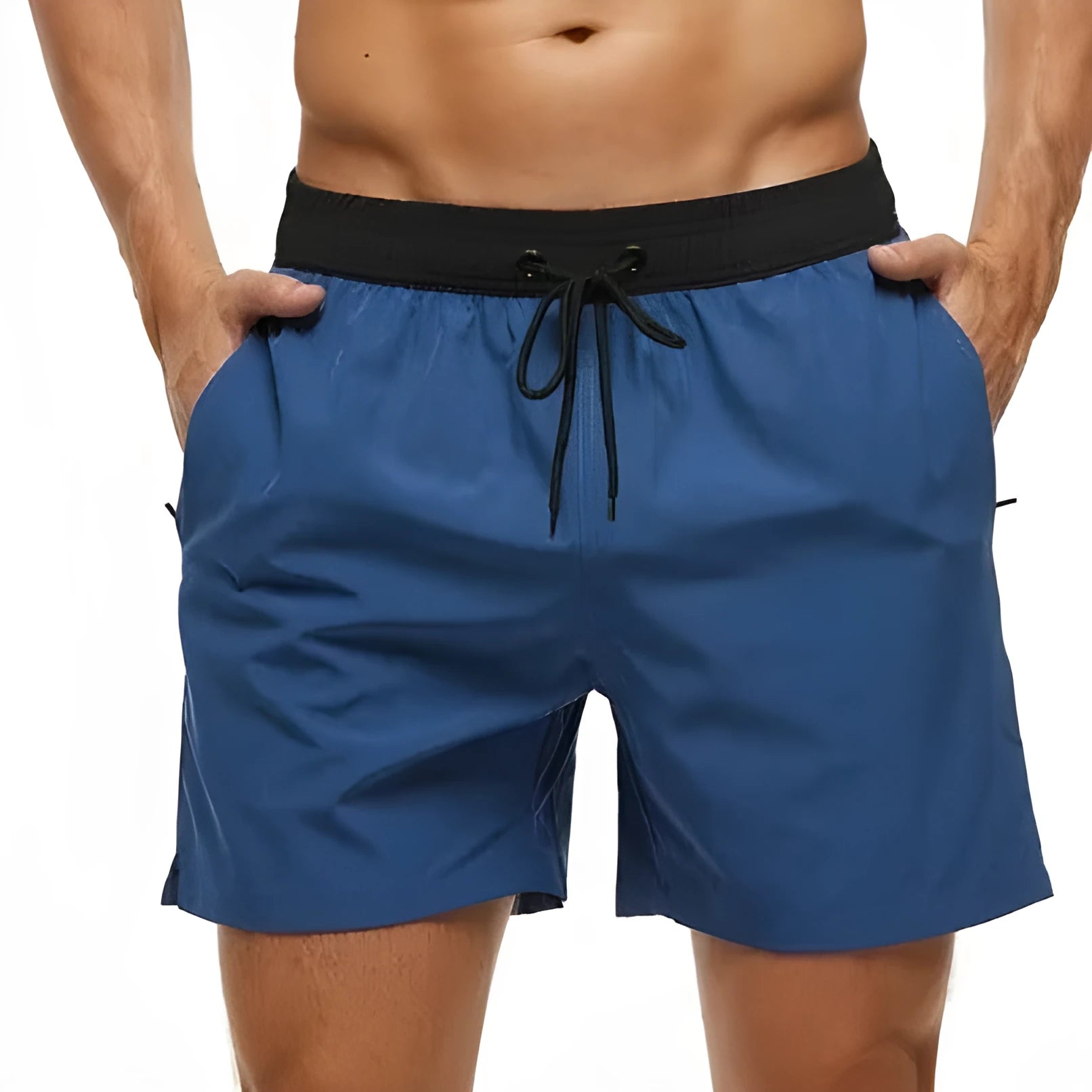 Men's blue polyester running shorts with a drawstring waist and a side headband pocket.