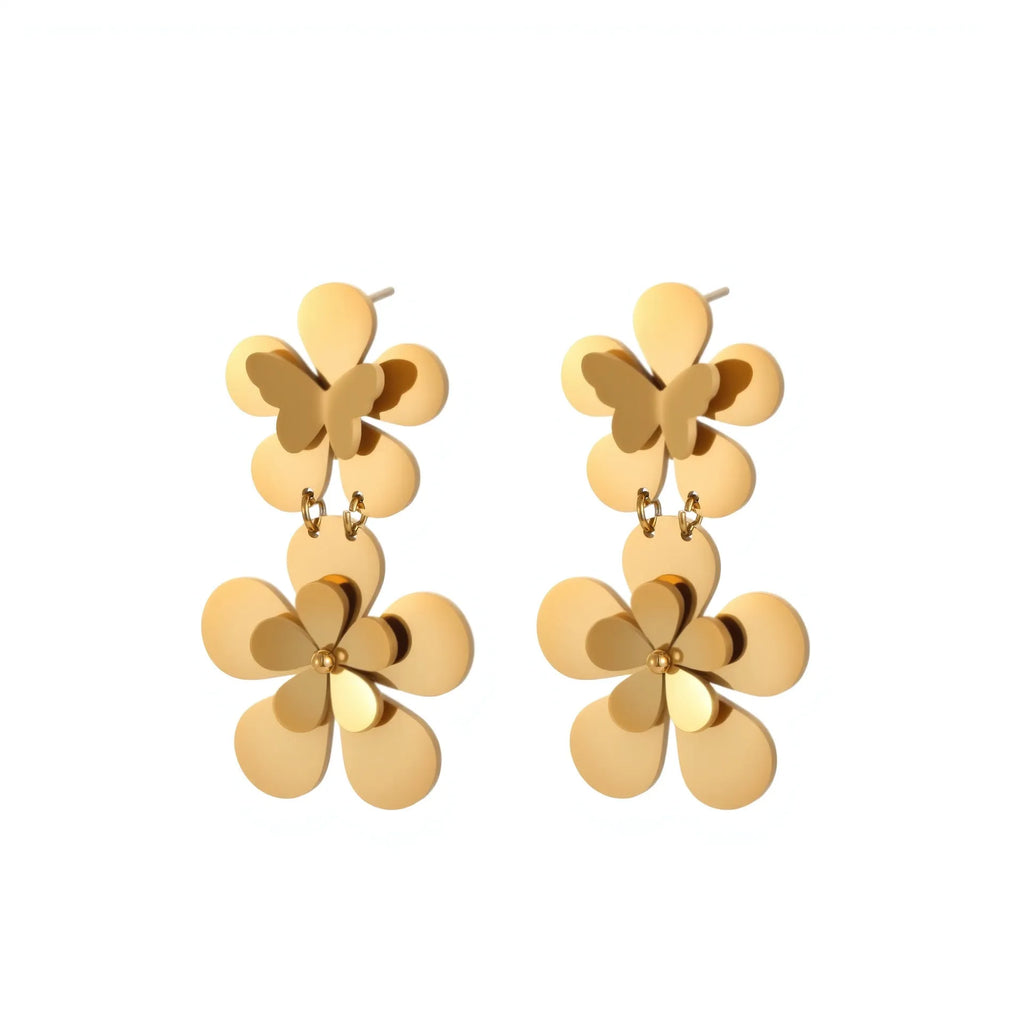 Gold flower butterfly stainless steel earrings with geometric and zodiac design elements