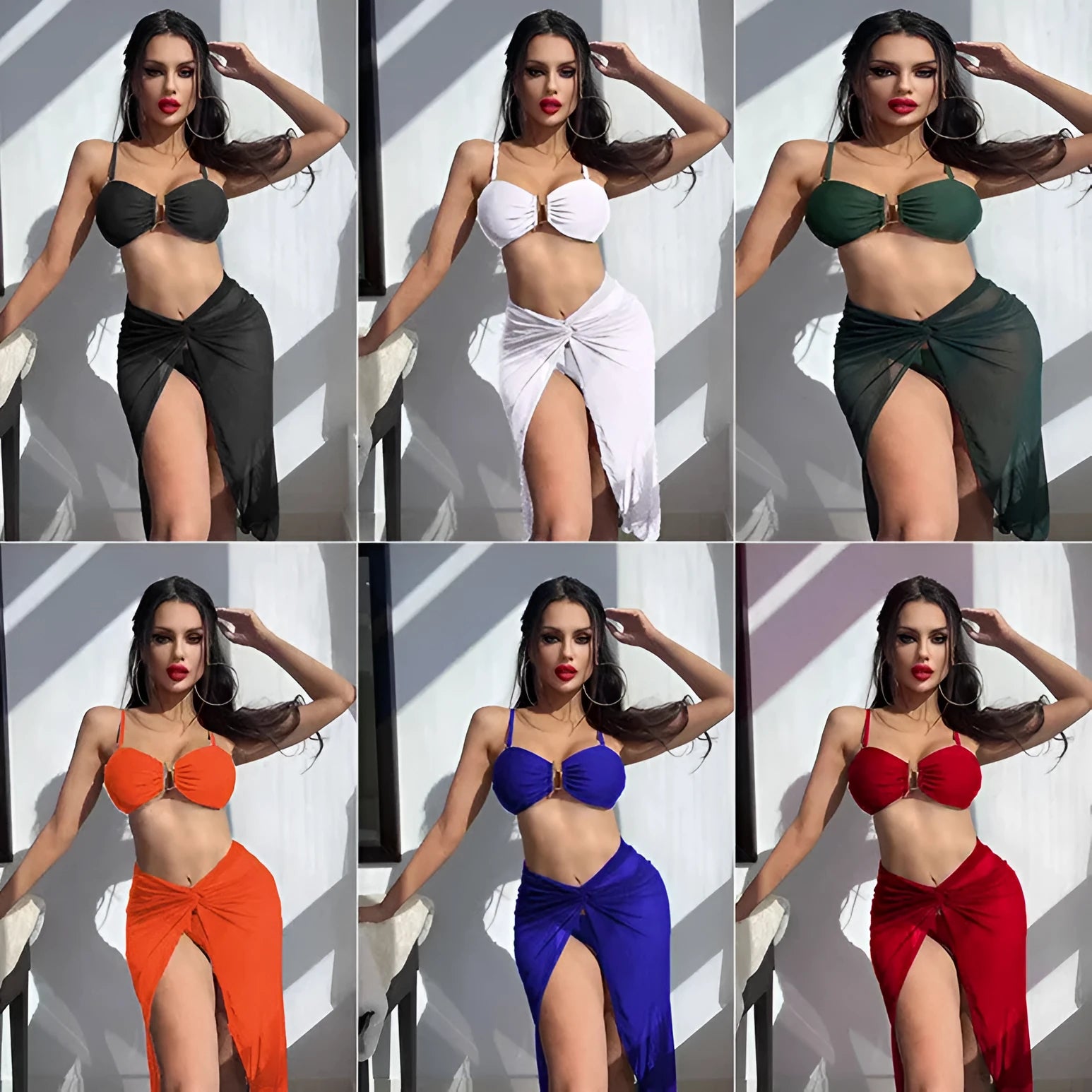 Multicolour three-piece bikini set for women with long culottes skirt, bra, and panties