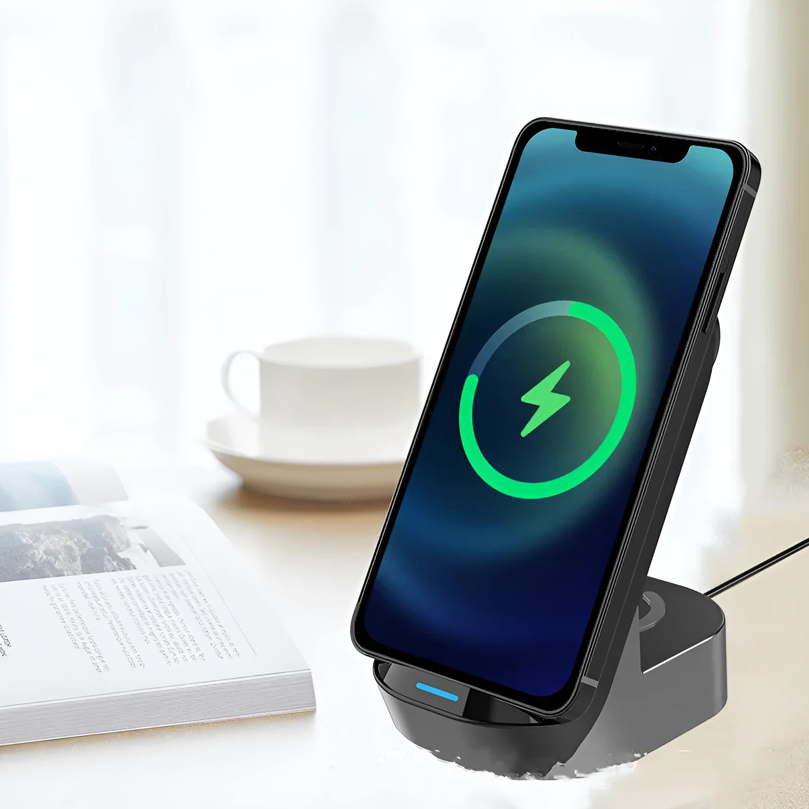 Black grey foldable 3-in-1 wireless charger vertical stand showing phone, watch and headphone charging areas