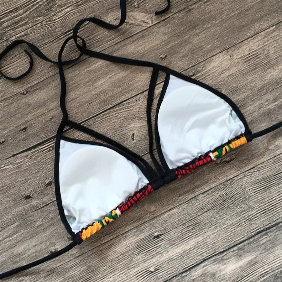 Women's digital print bikini swimsuit with high-waist briefs and backless design