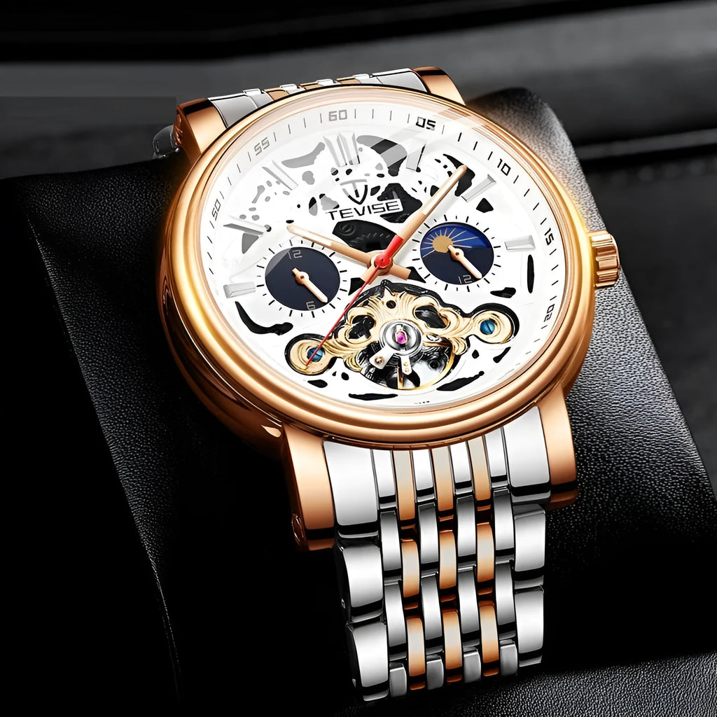 Men's casual tourbillon mechanical watch with luminous dial and waterproof case in rose black colour.