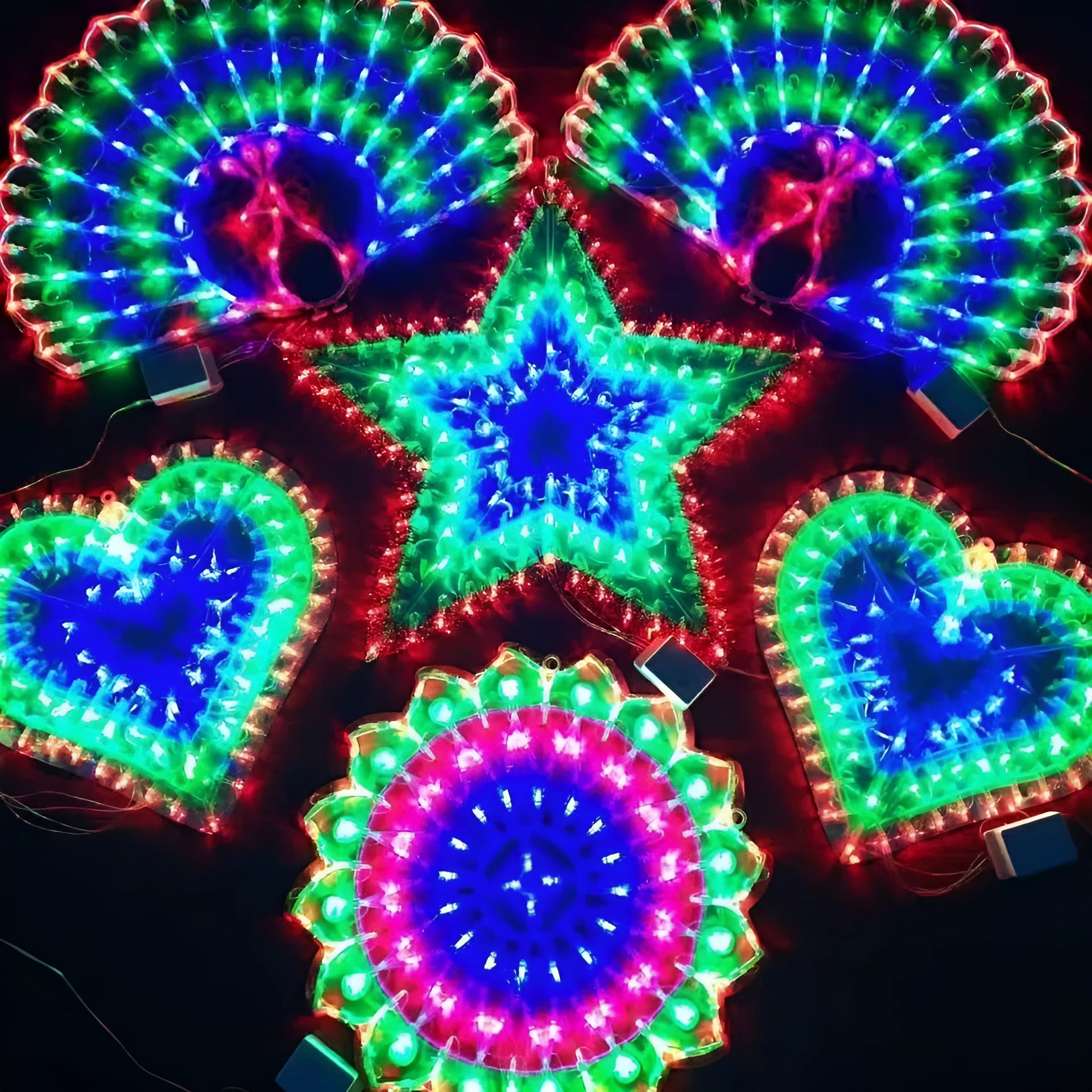Christmas outdoor string lights showing peacock, love heart, sunflower and star shaped lamps for festive decoration