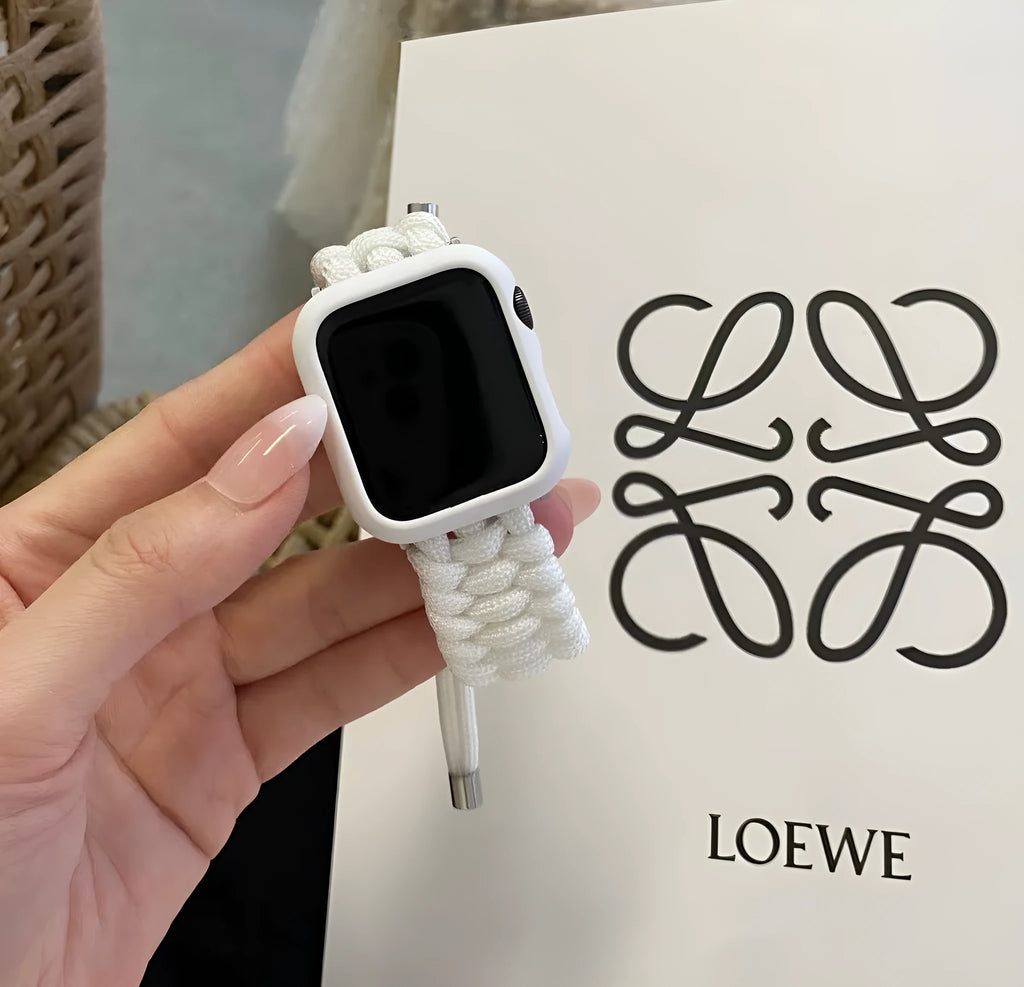 Braided black paracord smart watch strap with raw ear connector for Apple, Samsung, Huawei watches.
