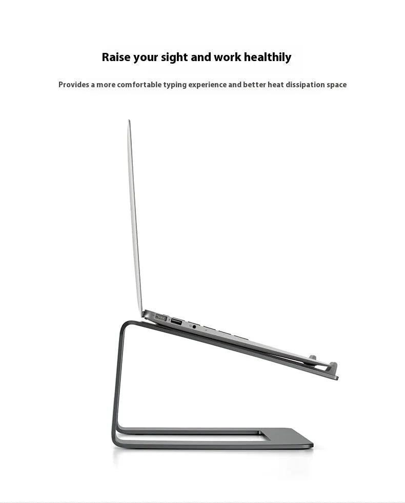 Black aluminium alloy laptop stand folded on desk next to silver version
