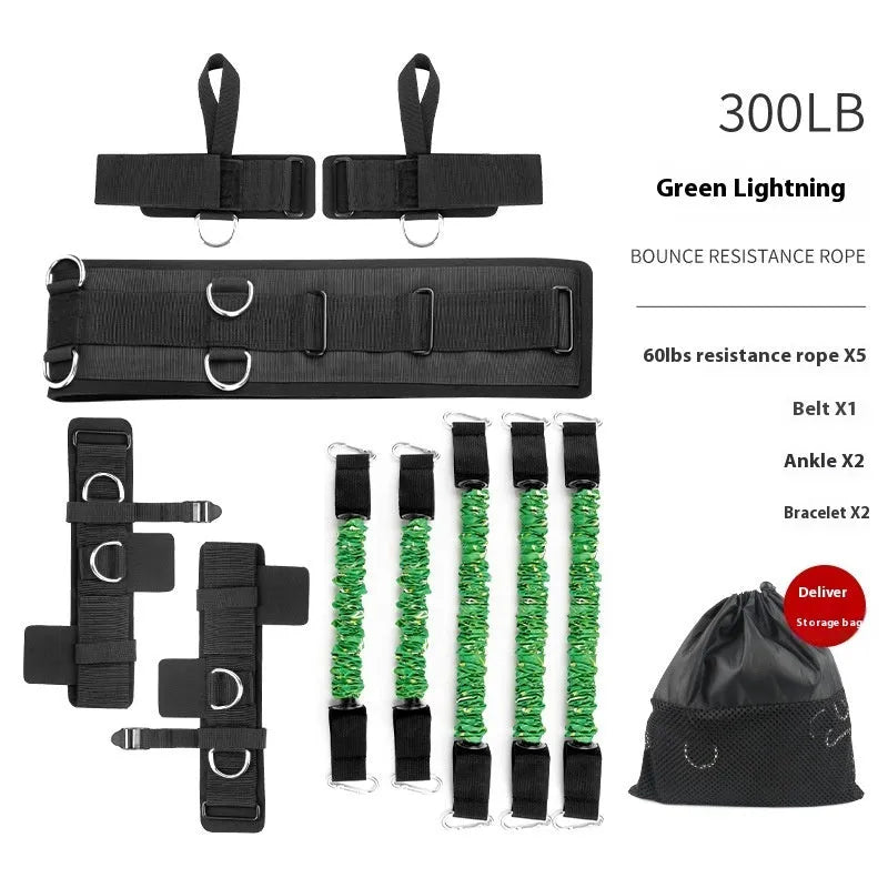 Chest expander elastic belt with red, blue, black, and green resistance sleeves indicating 100lb to 300lb TPE tube.