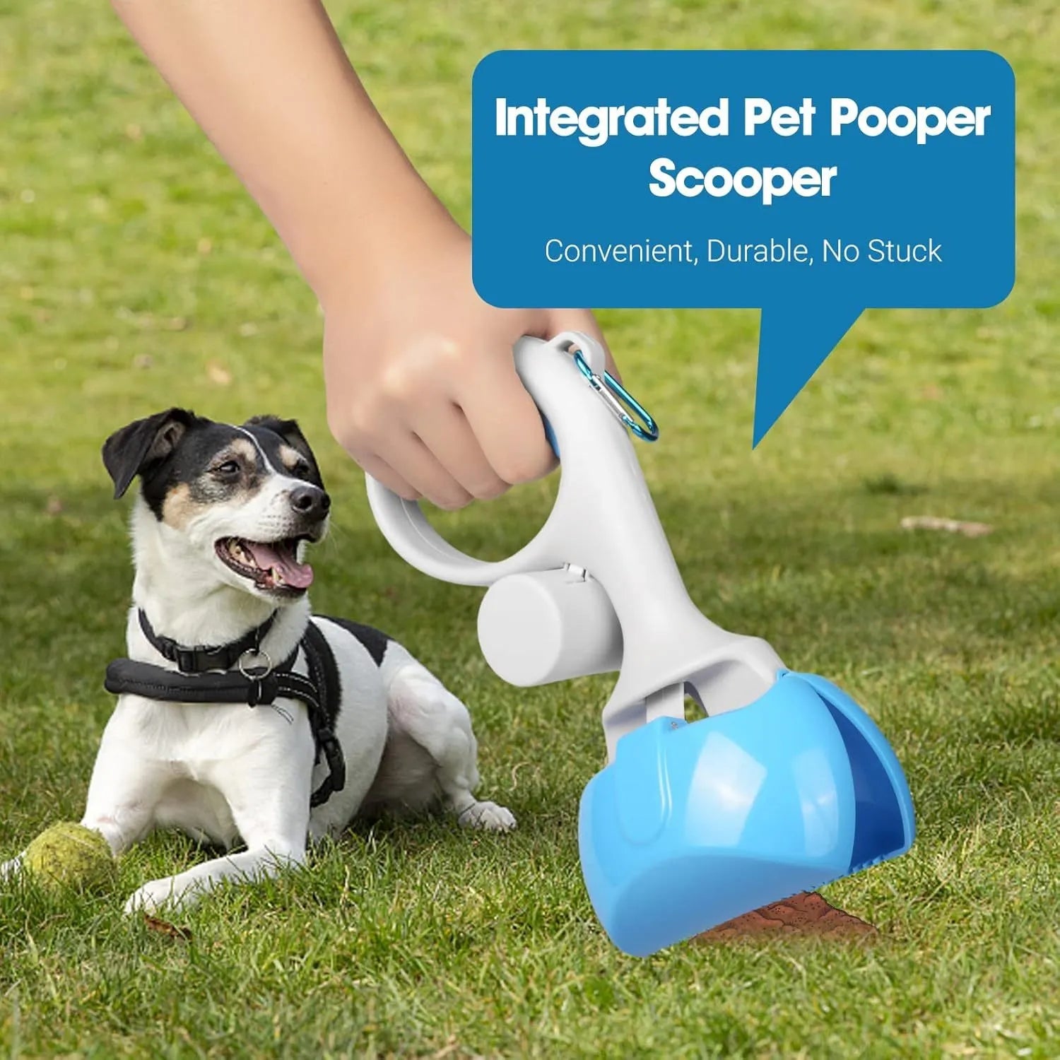 Blue plastic pet pooper scooper with built-in trash bag storage compartment and top hook.