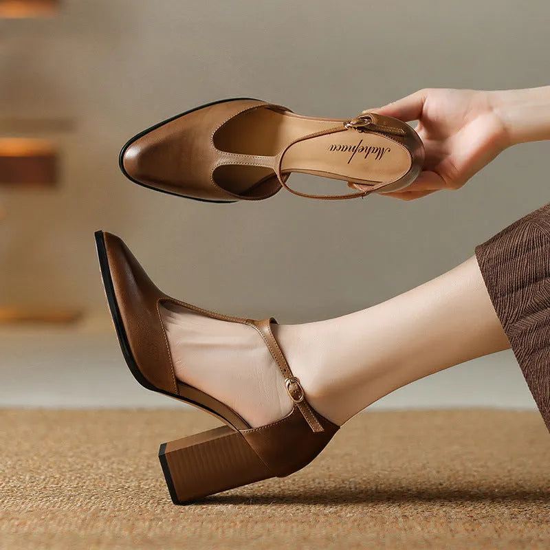 Women's retro pointed toe Mary Jane shoes with buckle and hollow baotou design in pink or dark brown.