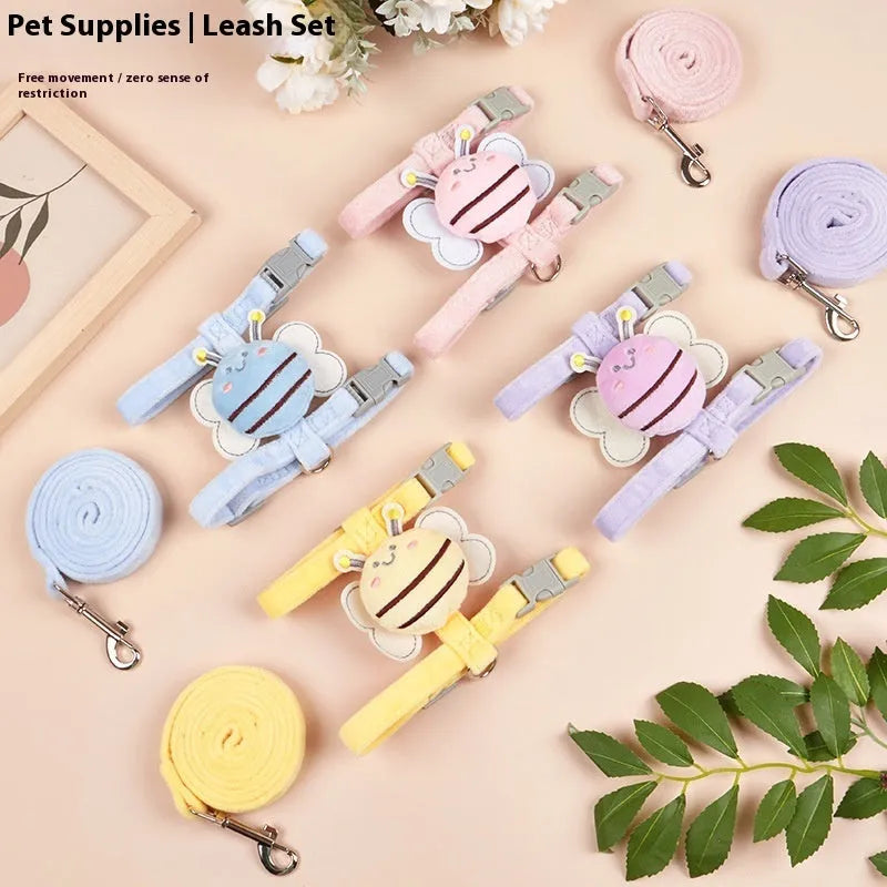 Bee-shaped adjustable cat harness and lead set in pink, yellow, or blue on a white background