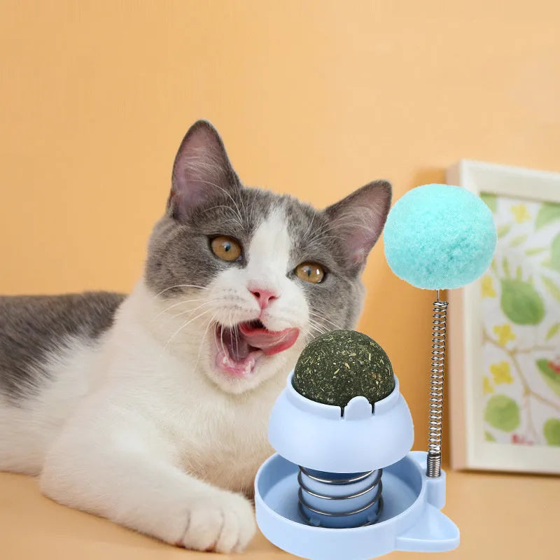 Lucky cat mint ball toy with teasing stick in blue, orange, and pink colour options