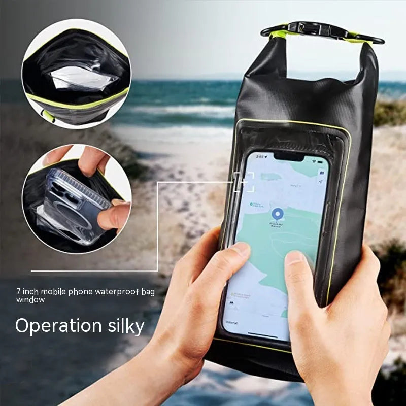 Army Green 2L waterproof crossbody phone bag made from PVC mesh for outdoor and water sports.