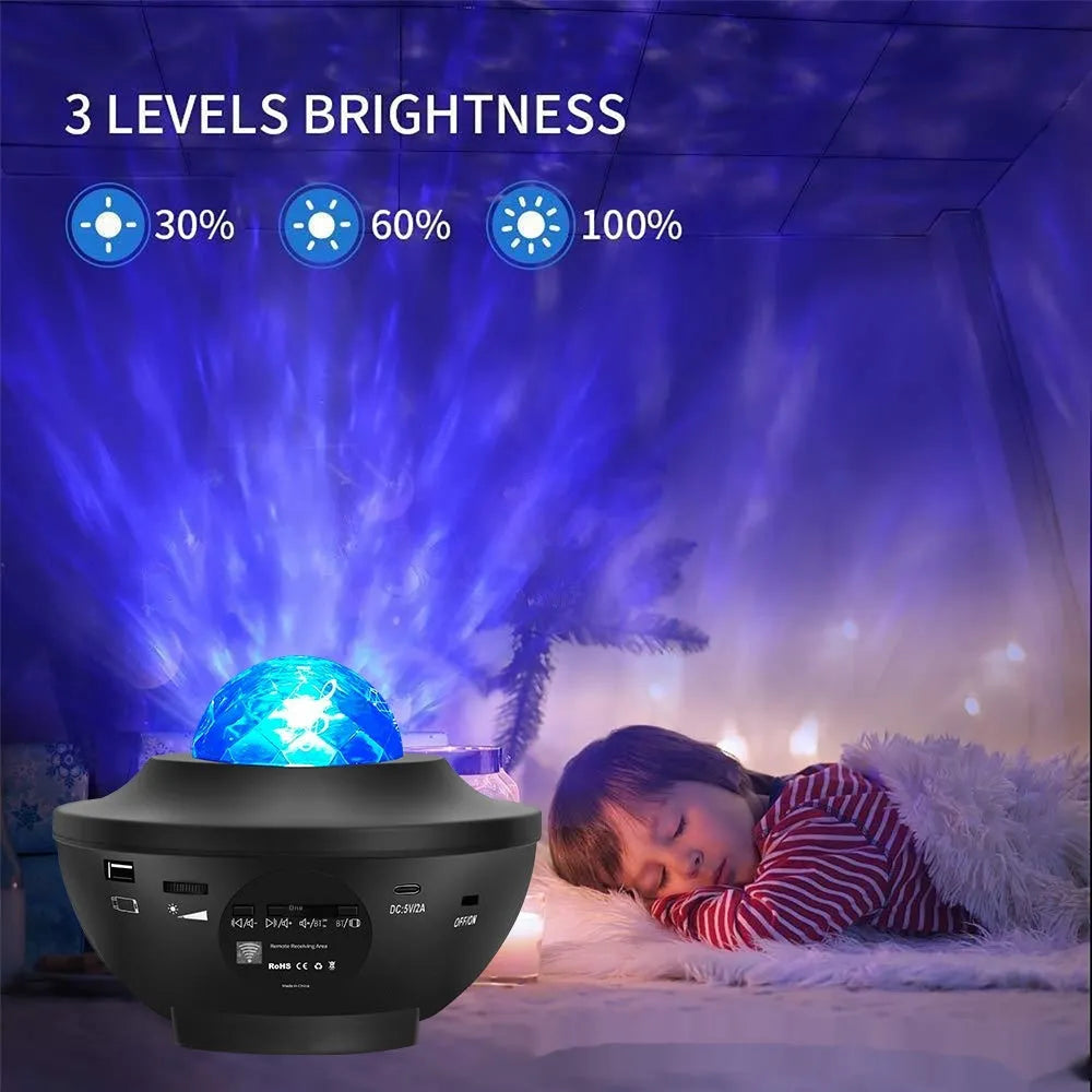 Black parallel style starry sky projection lamp with rotating water ripple laser effects on desktop
