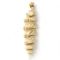 Golden synthetic hair weft wig showing long, straight strands in a golden yellow colour.