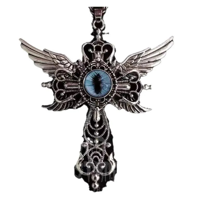 Alloy devil wings cross pendant necklace in geometric design on a chain.