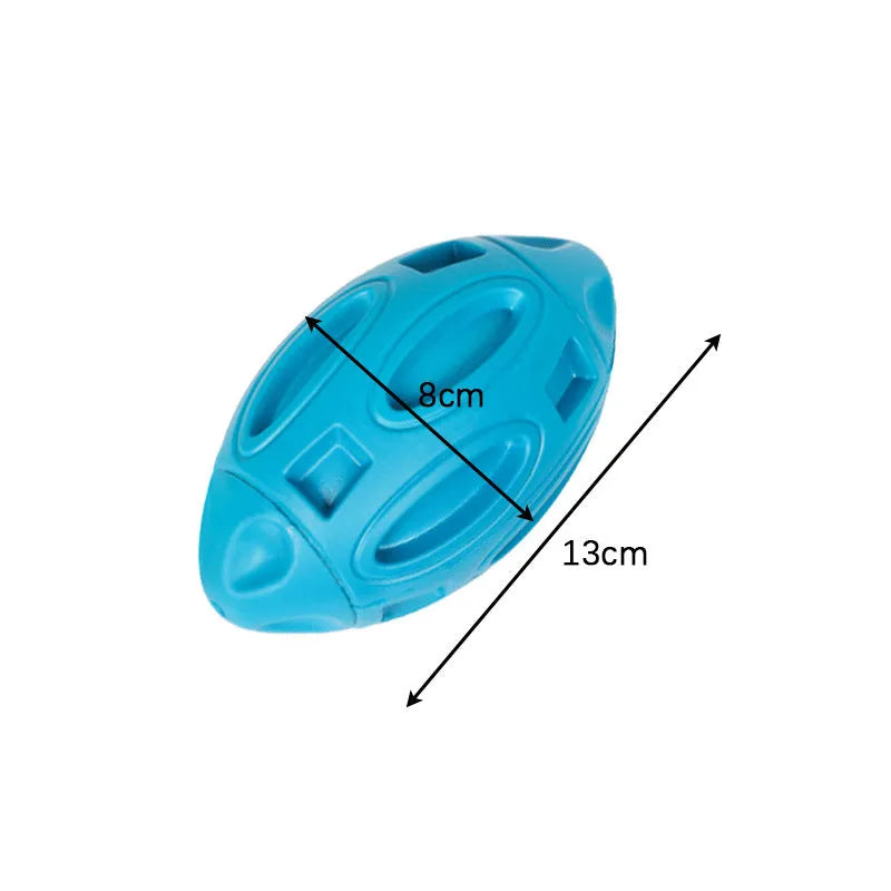 Blue, green, and orange natural rubber squeaky dog chew ball for aggressive chewers.