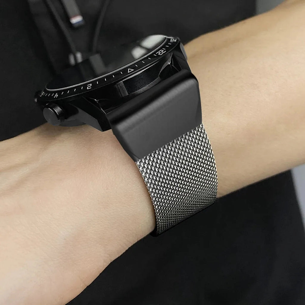 Stainless steel Garmin Fenix watch strap in silver, shown next to black, gold, and rose gold colour options.