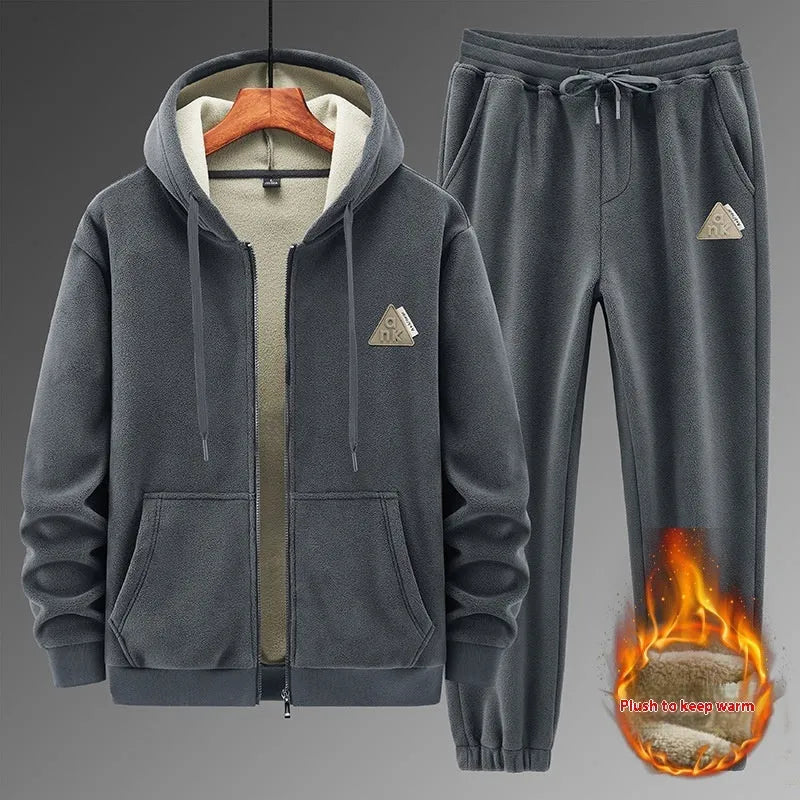 Men's grey cashmere hooded sweater and matching cotton blend pants casual sports suit set