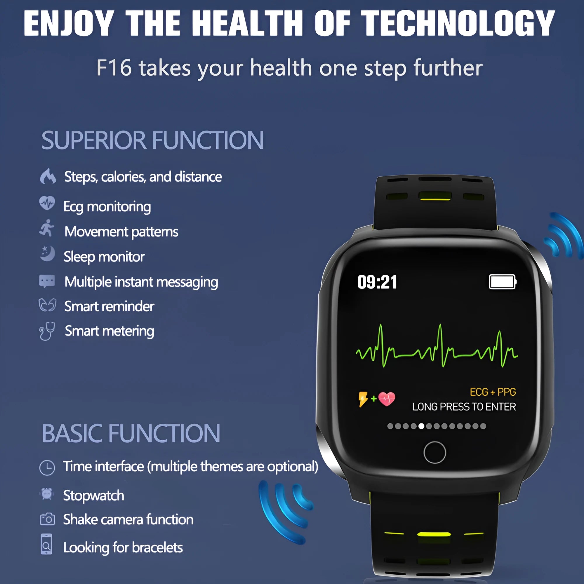 F16 Smart Watch with ECG blood pressure monitor and heart rate tracker showing black silicone strap and 43mm IPS display