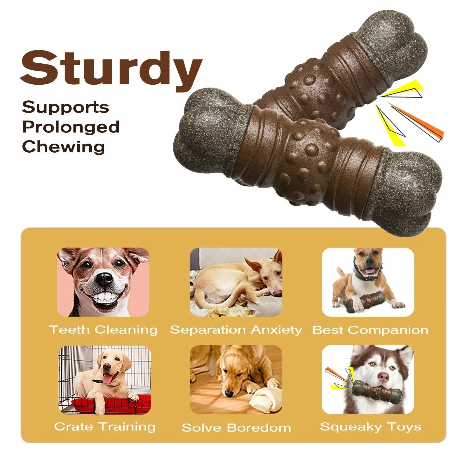 Wood coloured plastic bone-shaped dog toy with textured molar rod dental cleaning design