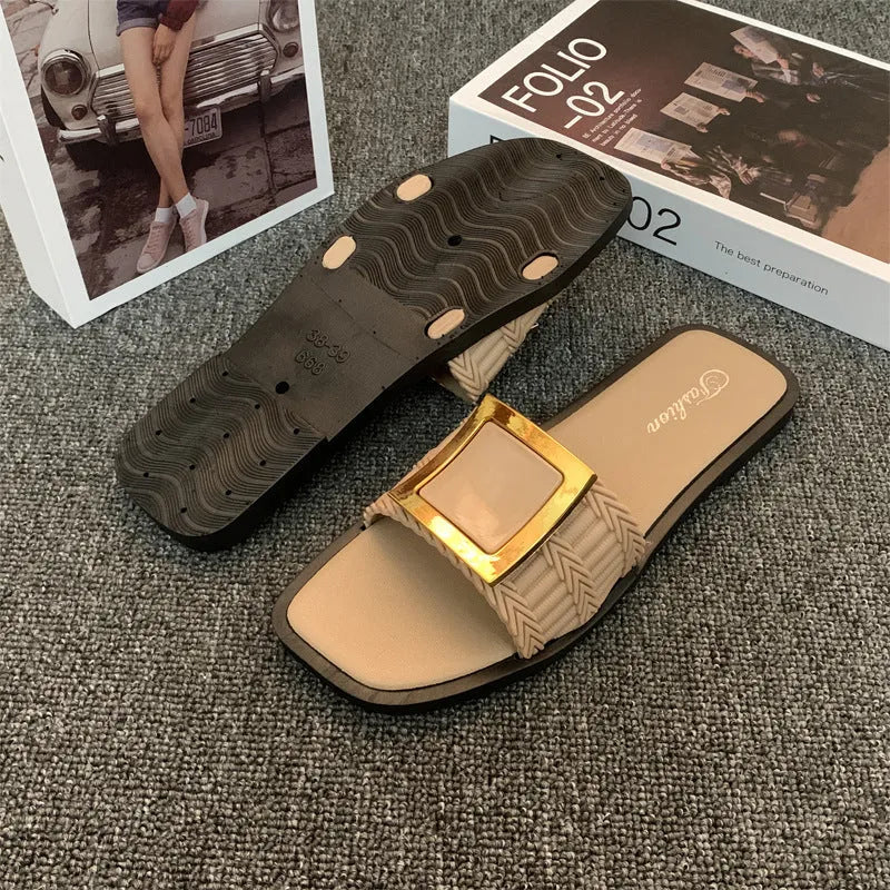 Women's flat summer slippers in apricot, black, or khaki with a lightweight PVC sole.