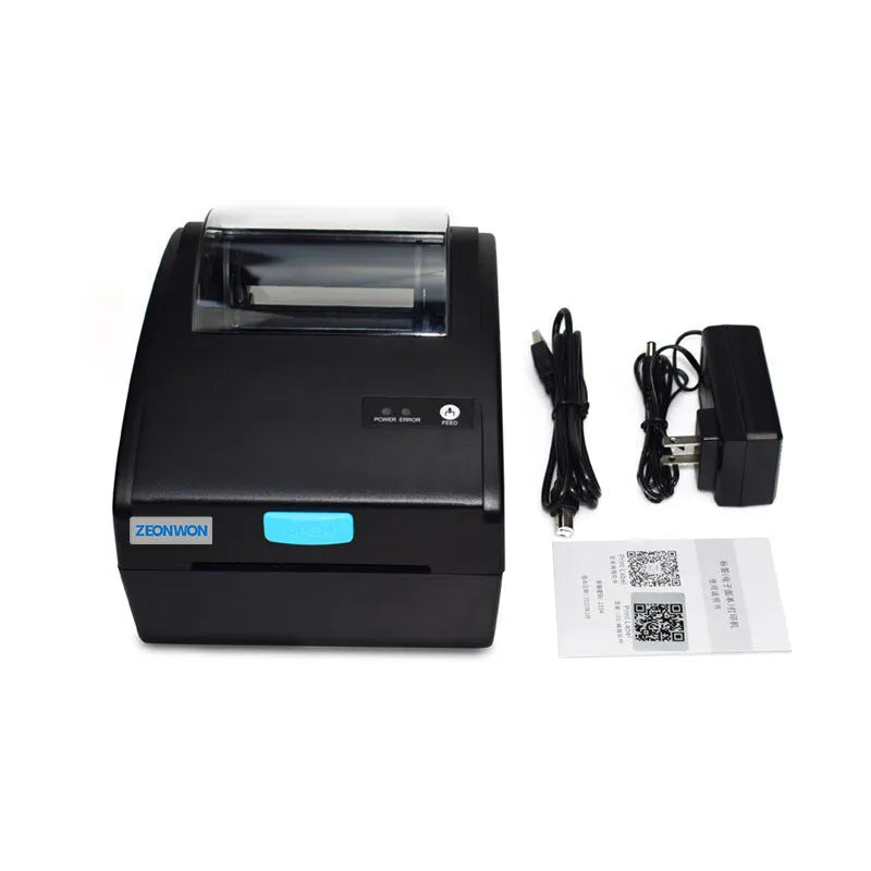 White compact thermal label printer with USB port and Bluetooth connectivity.