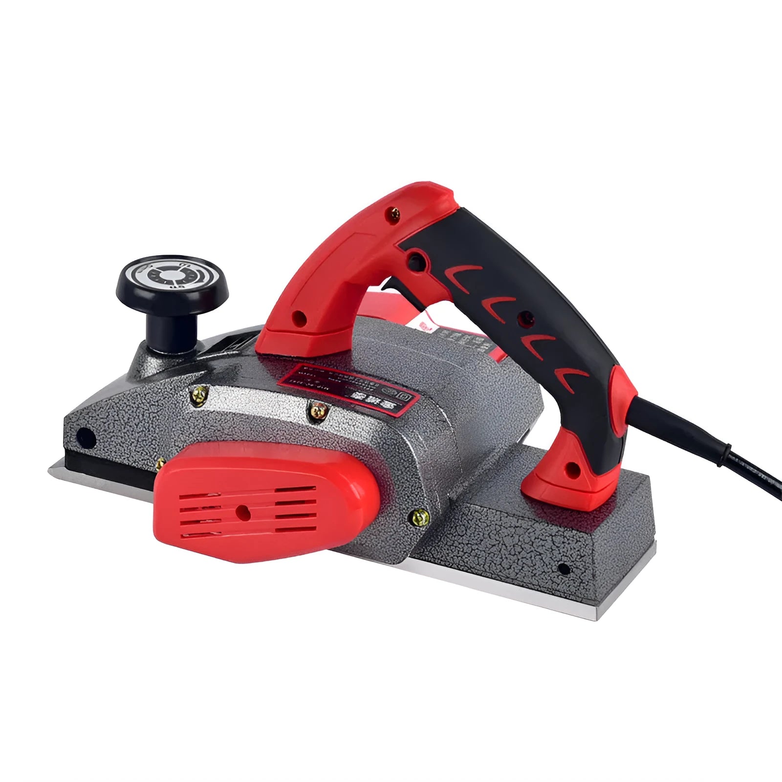 Red desktop electric wood planer with aluminium housing and 82mm planing width