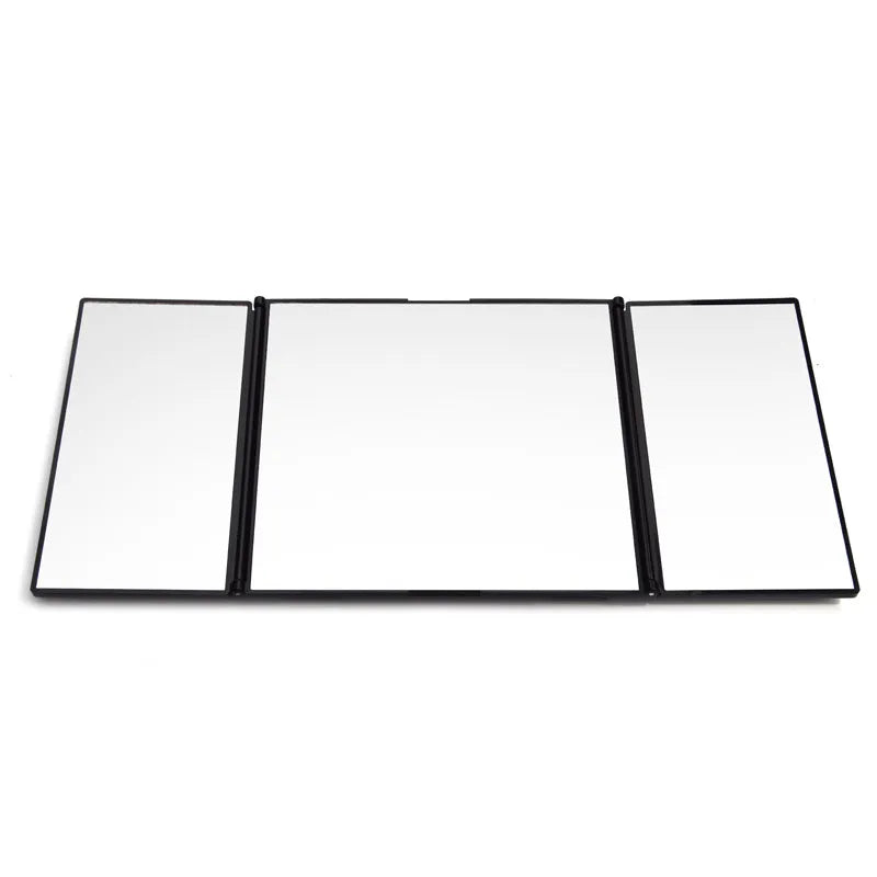 Silver car folding makeup mirror shown in both closed 15.5cm width and opened 30.5cm width positions