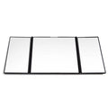 Silver car folding makeup mirror shown in both closed 15.5cm width and opened 30.5cm width positions