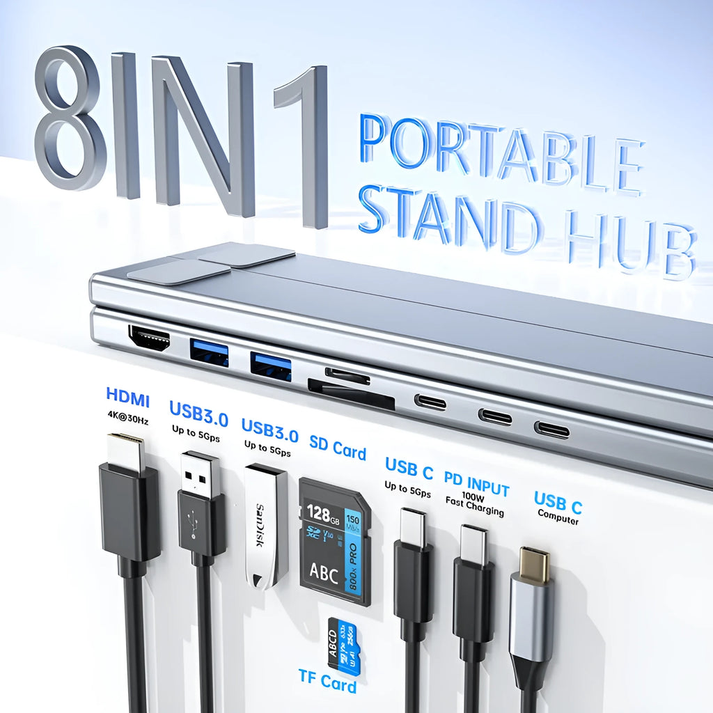 Aluminium alloy folding 8-in-1 docking station with laptop stand function