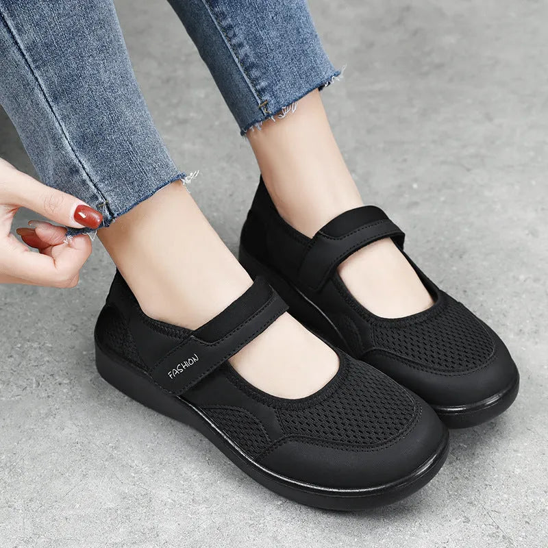 Women's low-top grey mesh casual shoes with velcro strap and round toe