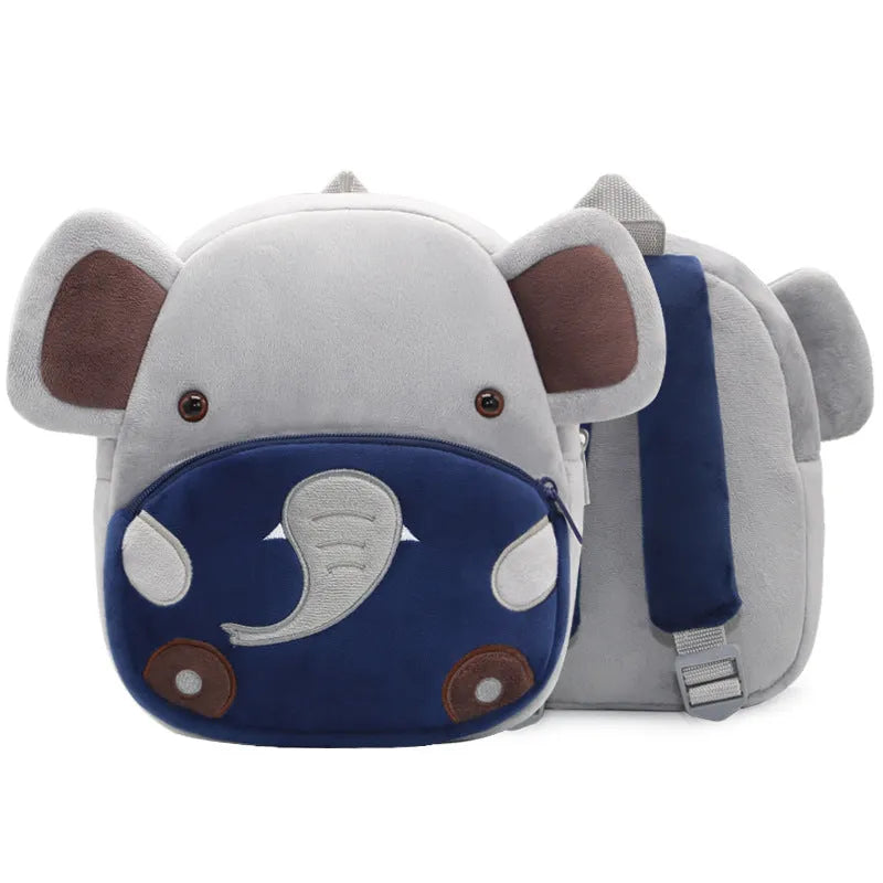 Children's plush animal school backpack showing elephant design with zipper closure